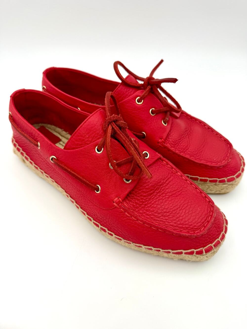 Tory Burch Skipper Boat Shoes Espadrilles Red Leather Size 9.5 Flatforms Flats